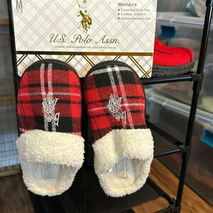 U.S. POLO ASSN. Womens Slippers Red Plaid SZ VARIOUS NWT IN/OUTDOOR FAUX FUR